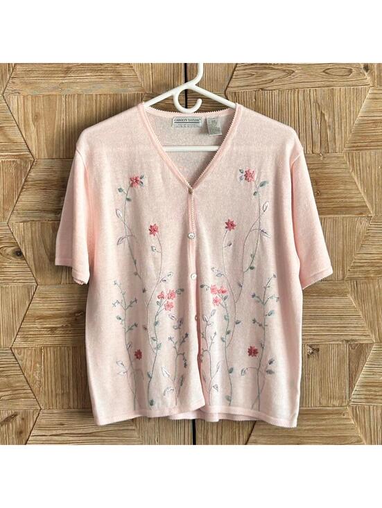 Carolyn Taylor Tops - Carolyn Taylor Women's Pink Button Up Top Size L Floral Embroidered